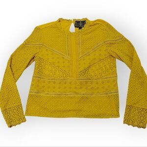 Anthropologie James Coviello Eyelet Lace Yellow Cotton blend shirt blouse top M